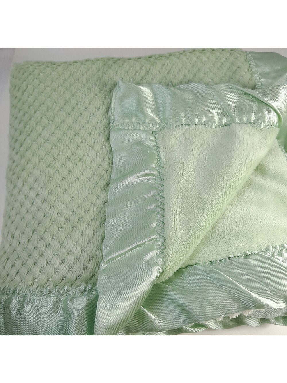 Bright Future Baby Blanket Satin Trim edge sage Green waffle plush soft Vintage